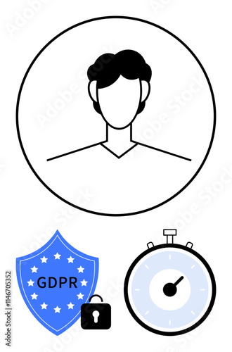 Person inside a circle, GDPR compliance shield with a lock and stars, stopwatch with blue details. Ideal for themes of privacy, security, data protection, anonymity, compliance, time management
