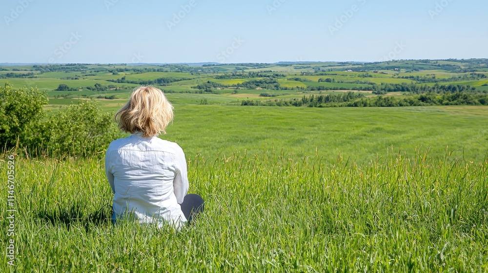Woman sits in grassy field, overlooking vast green landscape under a clear blue sky. Woman sits in grassy field, overlooking vast green landscape under a clear blue sky.
