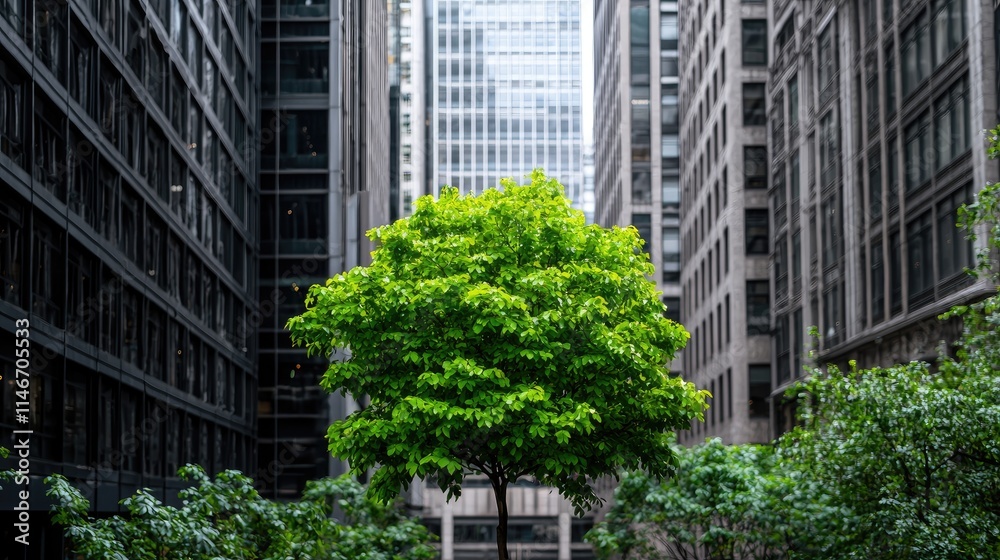 Lush green tree thrives amidst towering skyscrapers in urban setting. Lush green tree thrives amidst towering skyscrapers in urban setting.