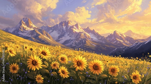 sunflowers and majestic mountains at sunset