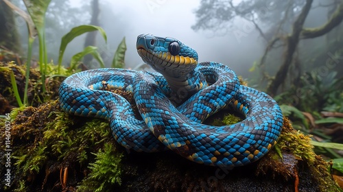 A vivid, camera-captured image of a bright blue Malayan coral snake slithering over moss-covered rocks in a misty rainforest. photo
