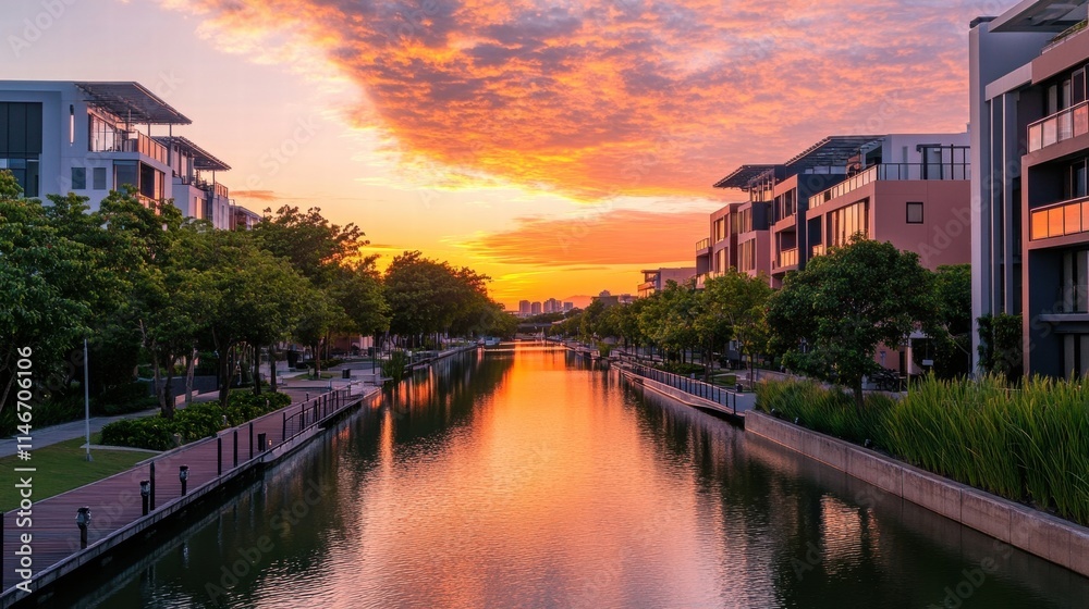 Fototapeta premium serene sunset canal-side living in modern waterfront community