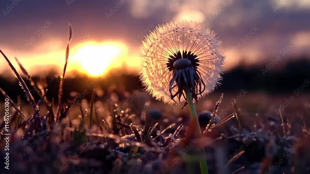 Dandelion stands tall against a vibrant sunset in a tranquil meadow during late afternoon hours Dandelion stands tall against a vibrant sunset in a tranquil meadow during late afternoon hours