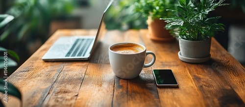 Coffee, laptop, phone, plants on wooden table.