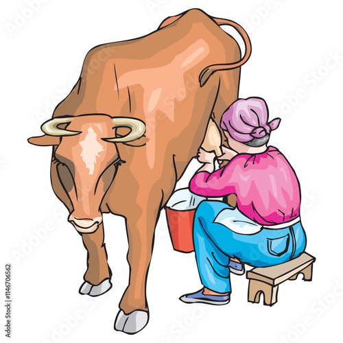 Cartoon characters of woman milking cow vector design
