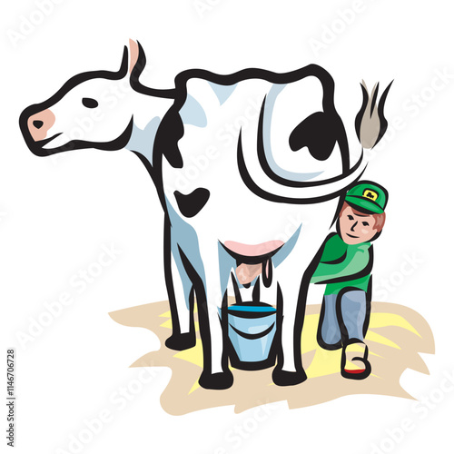 Cartoon characters of boy milking cow vector design