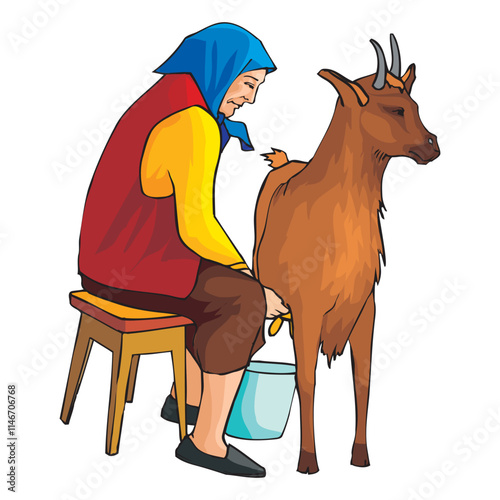 Cartoon characters of woman milking goat vector design