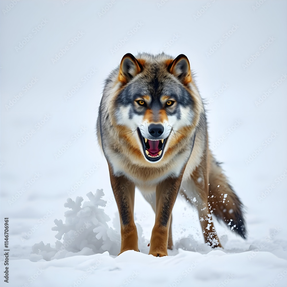 Fototapeta premium A wild gray wolf with its hackles raised, baring its teeth in anger, standing in the middle of a snowy landscape with a snowstorm raging around it. Professional photography, bokeh, natural lighting
