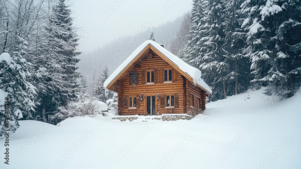 Charming snow-dusted wooden cabin winter wonderland photography nature serene viewpoint cozy retreat