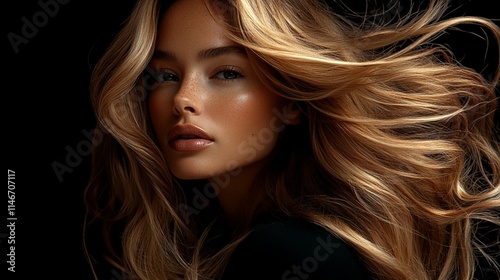 A portrait of a stunning blonde Black woman with long, wavy hair blowing in the wind, set against a dark black background.