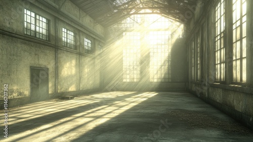 Sunlight streaming through windows in abandoned warehouse industrial design urban exploration natural lighting