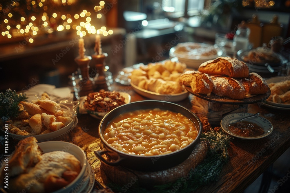 A festive table filled with various dishes, showcasing a warm, inviting holiday meal. A festive table filled with various dishes, showcasing a warm, inviting holiday meal.