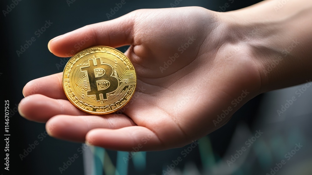 Investing in cryptocurrency hand holding bitcoin coin on financial chart modern office close-up view wealth management Investing in cryptocurrency hand holding bitcoin coin on financial chart modern office close-up view wealth management