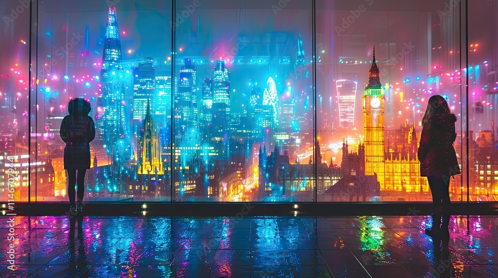 City skyline at night with colorful lights viewed through glass, featuring two silhouettes. City skyline at night with colorful lights viewed through glass, featuring two silhouettes.