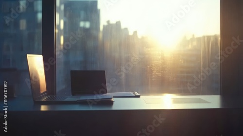 Modern office with large window showcasing cityscape at sunrise, symbolizing corporate optimism and future potential, featuring minimalist design with sleek desk, chair, and glowing laptop screen.