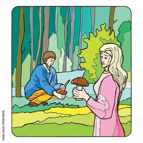 Cartoon characters of man and woman Picking Mushrooms vector design