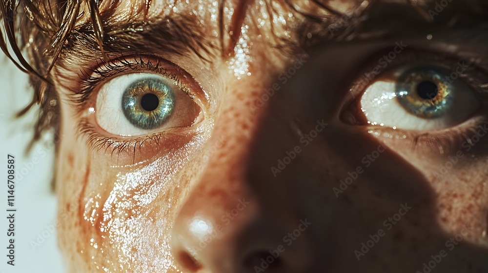 A close-up of a face with tear-streaked cheeks, looking slightly upward, captured realistically on a white backdrop A close-up of a face with tear-streaked cheeks, looking slightly upward, captured realistically on a white backdrop