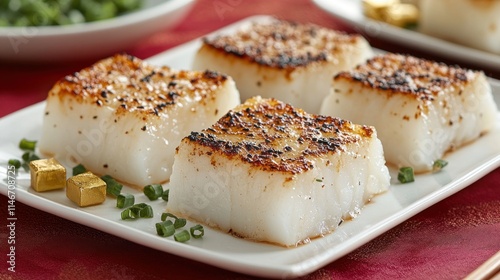 Crispy, golden-brown fish cakes, four squares on a white plate with green onions, on a red tablecloth. photo