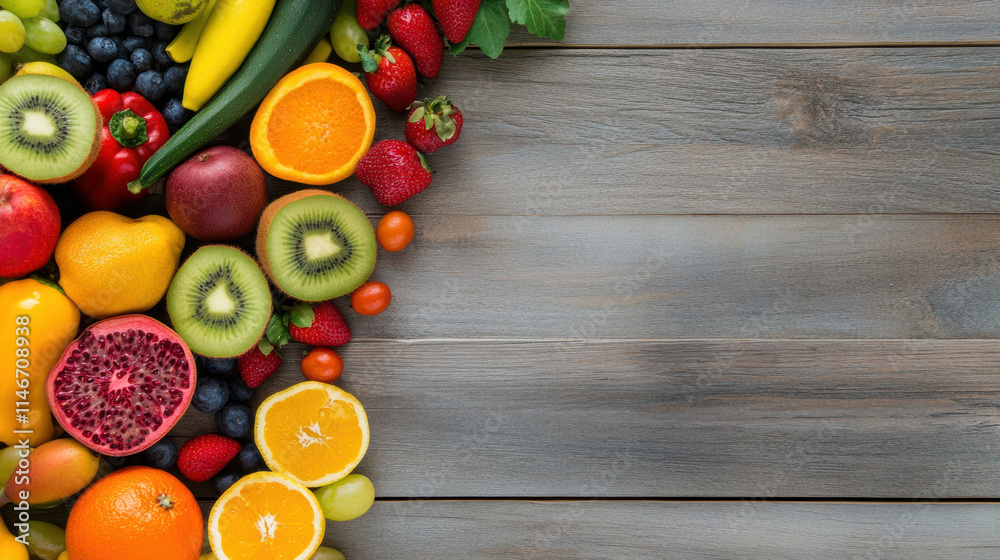 Fresh fruits arranged on wooden background, vibrant colors Fresh fruits arranged on wooden background, vibrant colors