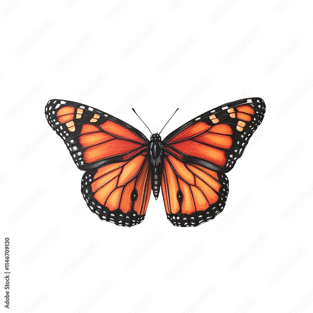 Fototapeta premium Detailed illustration of a monarch butterfly with its wings spread open on a white background