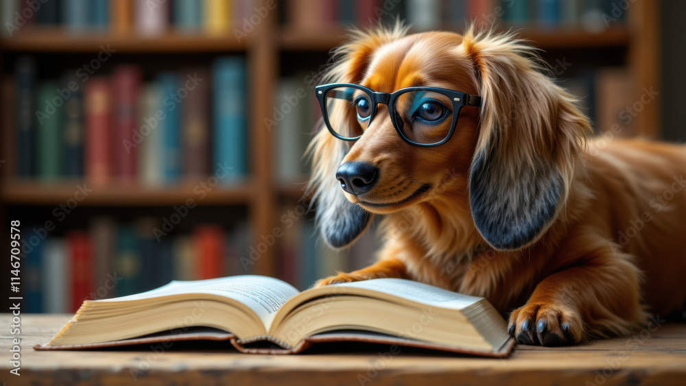 A photo of a Dachshund with glasses looking at an open book on a desk surrounded by bookshelves. A photo of a Dachshund with glasses looking at an open book on a desk surrounded by bookshelves.