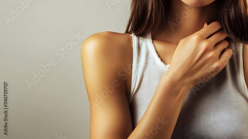 A faceless half-body image of a woman with one hand gripping her wrist tightly, her posture leaning slightly forward photo