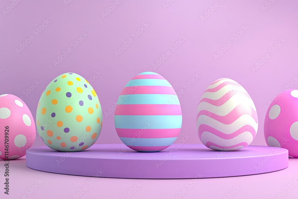 Happy Easter. Abstract art of colorful Easter Eggs with Pink or Purple background, and circle geometric shape. Product display podium mockup, 3d rendering illustration. 3D Illustration Happy Easter. Abstract art of colorful Easter Eggs with Pink or Purple background, and circle geometric shape. Product display podium mockup, 3d rendering illustration. 3D Illustration