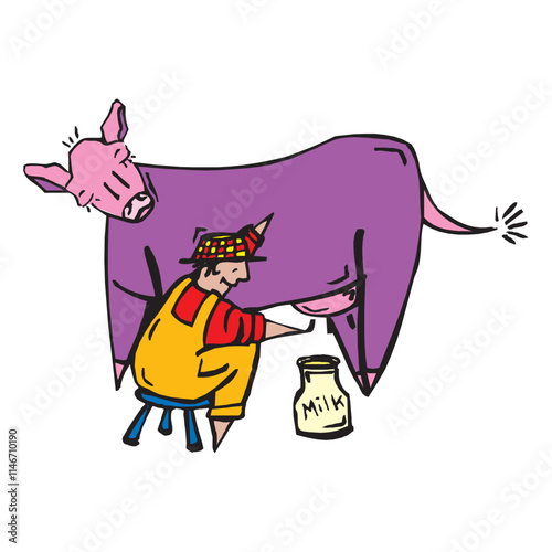 Cartoon characters of farmer milking cow vector design photo