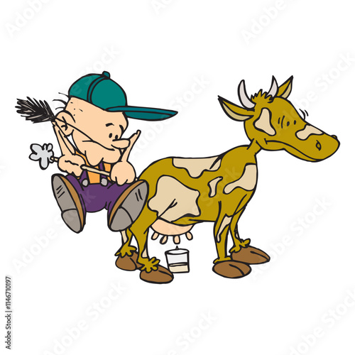 Cartoon characters of man milking cow vector design