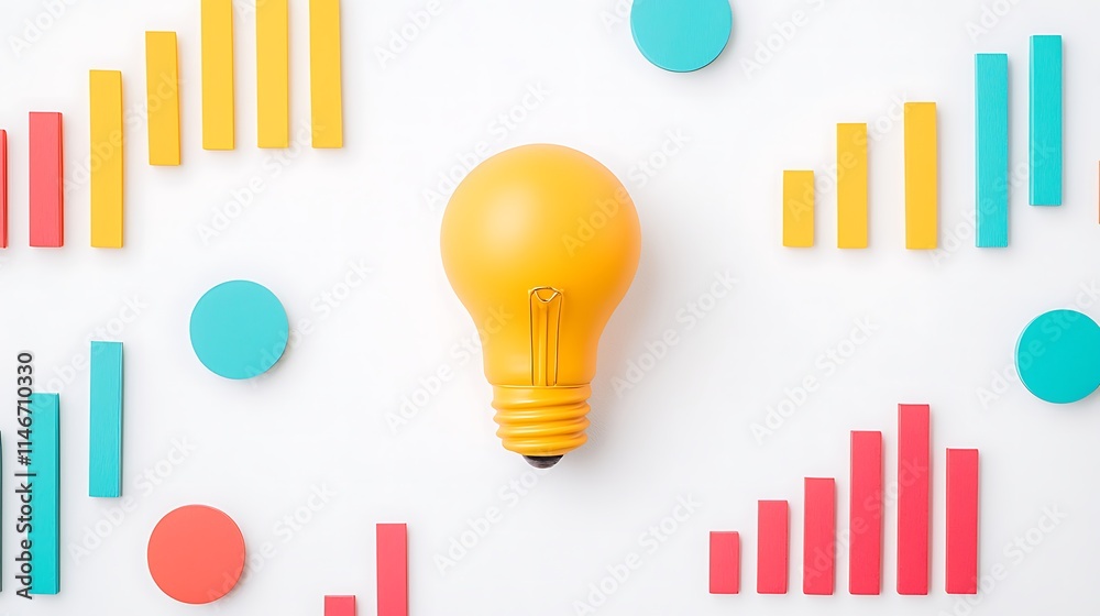 A bright yellow light bulb stands out among colorful geometric shapes and graphs, symbolizing ideas, creativity, and growth. A bright yellow light bulb stands out among colorful geometric shapes and graphs, symbolizing ideas, creativity, and growth.