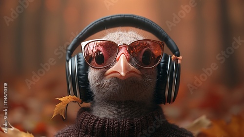 Cool ostrich chick in autumn leaves wearing headphones and sunglasses. photo