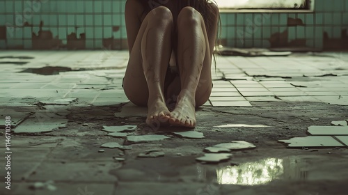 A woman sitting on the cracked tiles of an abandoned swimming pool, her knees drawn up to her chest photo