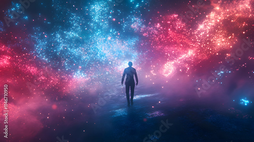 Person Walking Towards Colorful Cosmic Galaxy with Stars, Nebulae, and Ethereal Light in Dreamlike Landscape