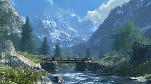 A serene alpine valley with a small wooden bridge crossing a bubbling brook, surrounded by tall mountains photo