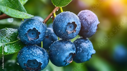 Close-up of dew-covered blueberries on a branch, with soft light enhancing the natural bloom and creating a peaceful morning ambiance.  photo