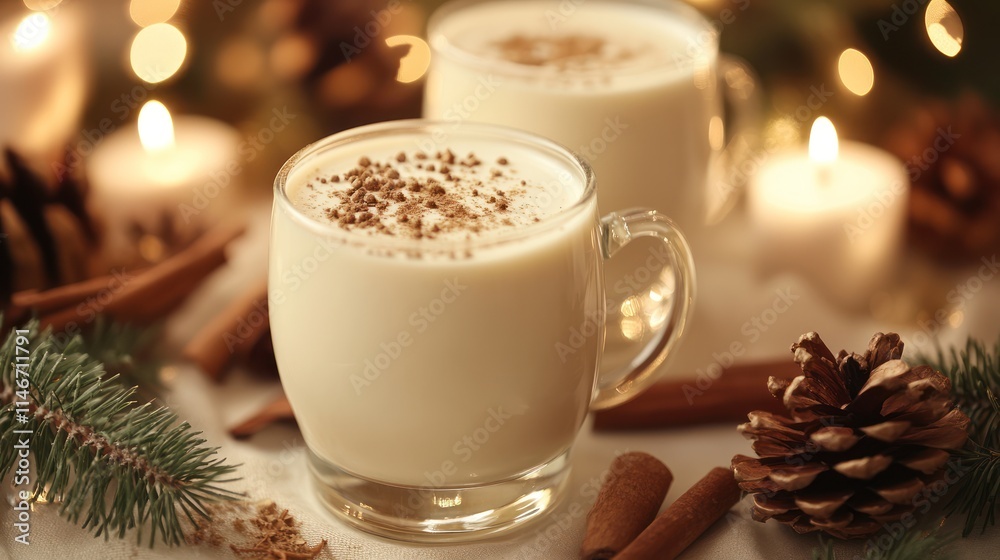 Two mugs of eggnog with cinnamon sticks and pine cones, candles in the background. Two mugs of eggnog with cinnamon sticks and pine cones, candles in the background.