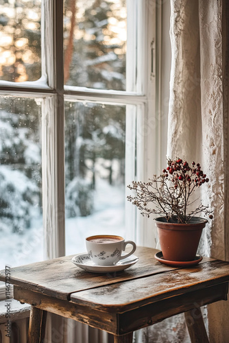Wallpaper Mural Coffee cup on a table on snowy landscape background Torontodigital.ca