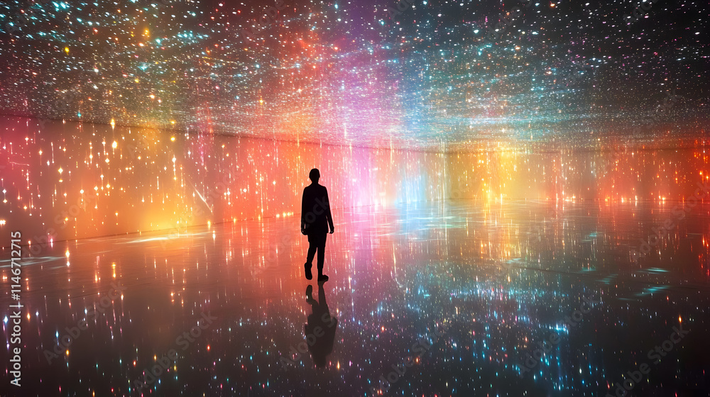 Enchanted Reflection of Stars in a Cosmic Environment with a Silhouette of a Person Standing in Awe of Bright Lights and Colors in the Universe Enchanted Reflection of Stars in a Cosmic Environment with a Silhouette of a Person Standing in Awe of Bright Lights and Colors in the Universe