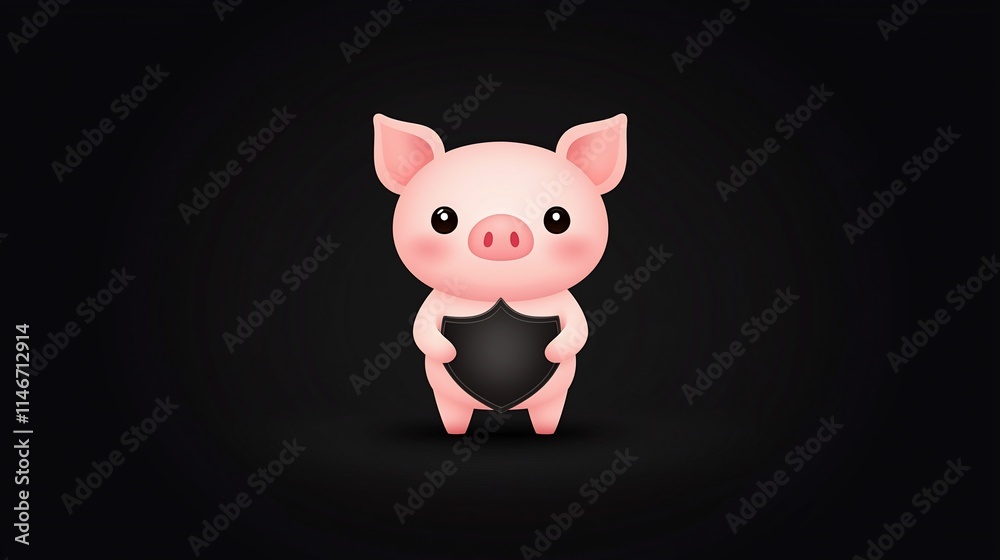 Cute pink piglet holding a black shield on black background. Cute pink piglet holding a black shield on black background.
