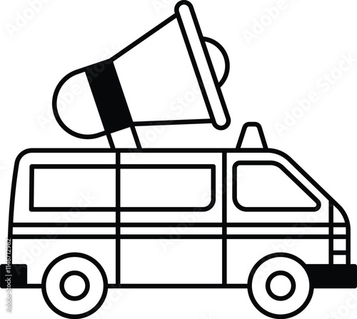 A white van with a large speaker on top of it