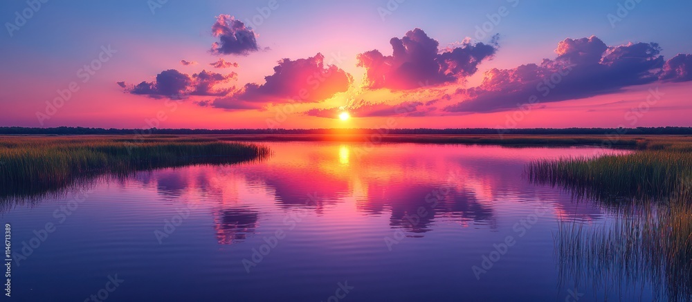 Vibrant sunset reflected in calm lake water with lush vegetation. Vibrant sunset reflected in calm lake water with lush vegetation.