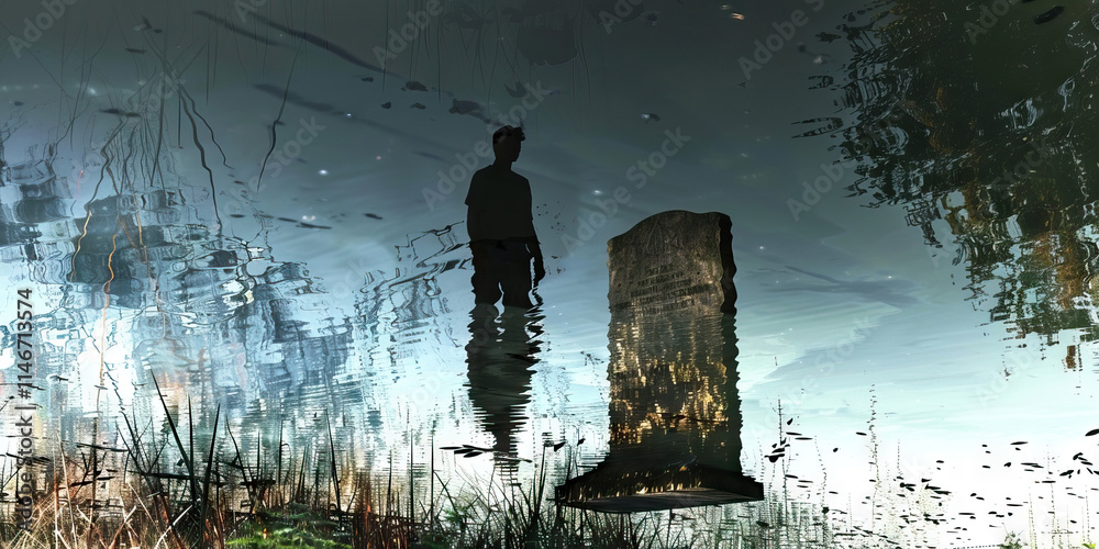 Obraz premium Silhouette, Submerged Headstone, and Water Reflections