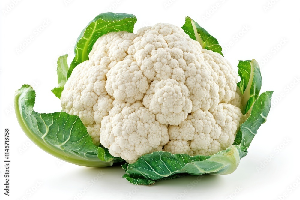 A fresh head of cauliflower with intact green leaves, isolated on a white background A fresh head of cauliflower with intact green leaves, isolated on a white background