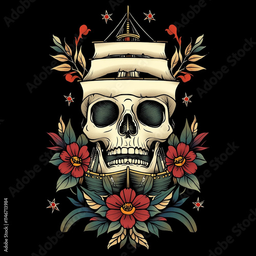 Skull and Ship tattoo flash illustration photo