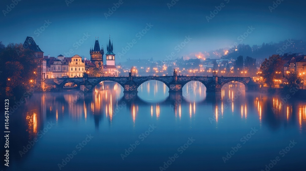 Fototapeta premium prague charles bridge night photography scenic vltava river view
