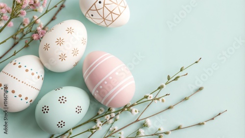 Beautifully decorated Easter eggs, minimalistic design, soft colors, copy space