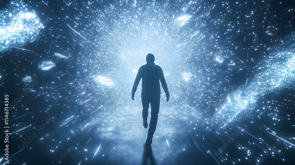 Person Walking Through Abstract Light Path in Cosmic Space, Surrounded by Glowing Particles and Stars, Representation of Journey to the Unknown Person Walking Through Abstract Light Path in Cosmic Space, Surrounded by Glowing Particles and Stars, Representation of Journey to the Unknown