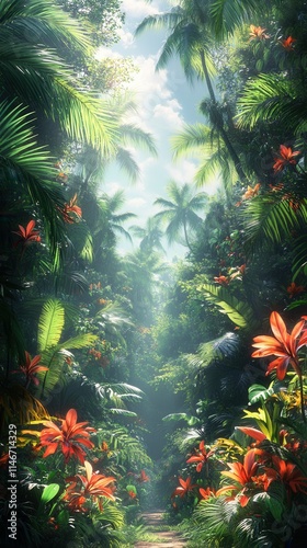 A vibrant jungle scene filled with lush greenery and colorful flowers, creating a serene and inviting atmosphere.