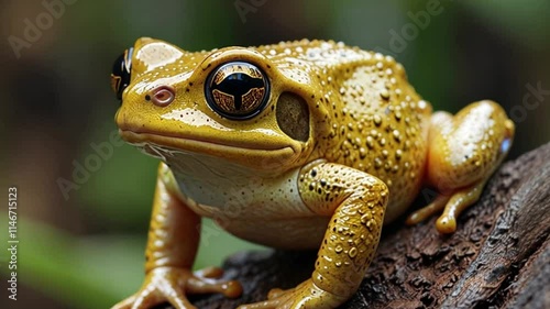 Close-up view of a golden tree frog sitting on a green leaf in a rainforest during the day, showcasing its vibrant colors and detailed texture, concept of wildlife beauty and nature. photo