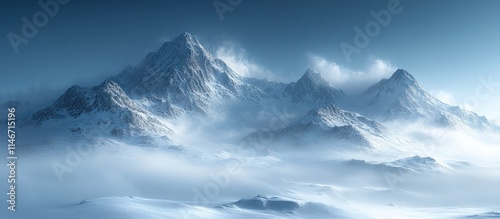 Majestic snow-capped mountains shrouded in mist under a clear blue sky.